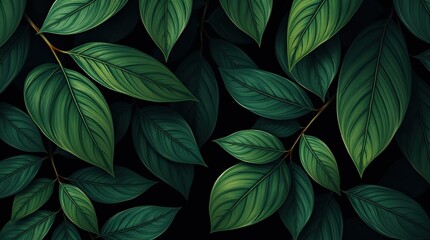 A variety of green leaves arranged closely together displaying different shapes and textures against a dark backdrop creating a lively visual effect