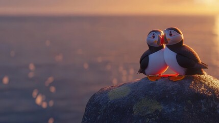54.A pair of puffins nestled closely together on a seaside rock, their bright orange feet and colorful beaks glowing in the soft evening light, framed by the calm ocean waters behind them.