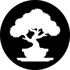 Minimalist bonsai tree silhouette art within a circular black canvas