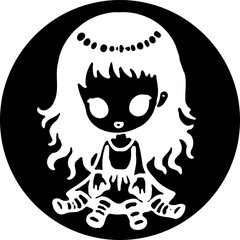 Silhouette of a Cute Doll Character with Curly Hair in a Black Circle Frame