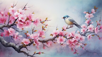 Fototapeta premium Spring Blossom and Bird on Cherry Tree – Beautiful Nature Floral Art Background