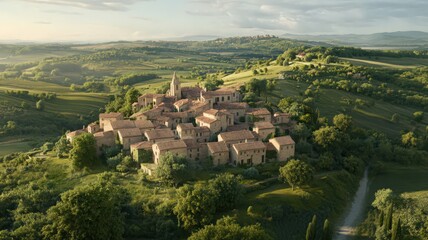 Charming Hilltop Village in Lush Green Valley Aerial View Bathed in Sunlight European Countryside Landscape with Rural Charm Architecture and Tranquil Panoramic Scene