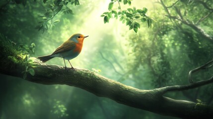 Naklejka premium 74.A European robin captured in a moment of stillness on a tree limb, its striking red breast illuminated by a shaft of sunlight filtering through the dense green canopy.