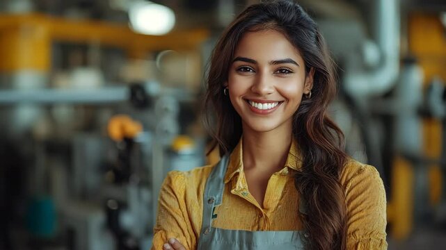 Confident Woman in Workshop Setting Wearing Apron and Yellow Shirt