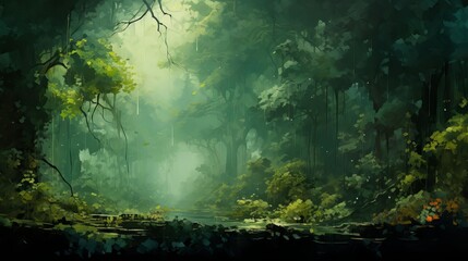 Mystical Jungle Canopy with Sun Rays – Enchanted Forest Nature Background Illustration