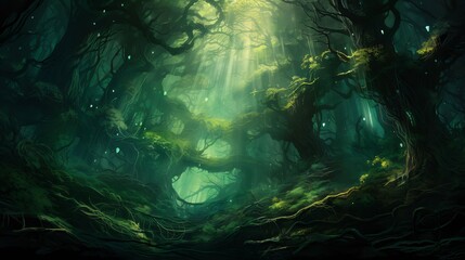 Dark Enchanted Forest Background with Mysterious Light Rays – Fantasy Jungle Canopy Illustration