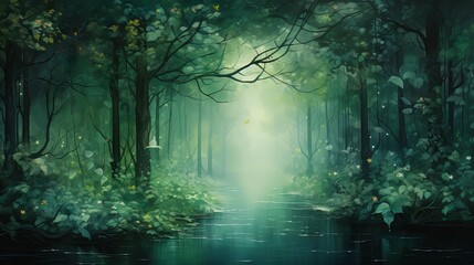 Obraz premium Mystical Forest Background with Green Canopy and Nature Light – Enchanted Woodland Scene