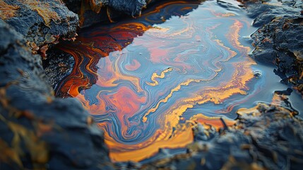 A colorful oil spill pooling in a rocky crevice.
