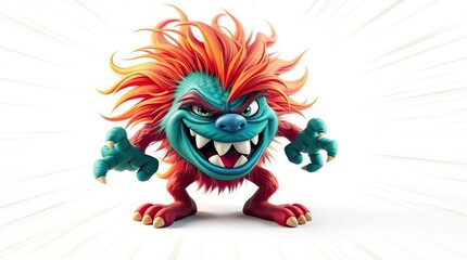Naklejka premium A vibrant cartoon monster with spiky red and orange hair displays an intense expression while showing off its claws against a soft background