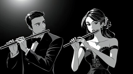 Two musicians in elegant outfits are playing flutes together in a sophisticated setting surrounded by a dark background creating an enchanting atmosphere