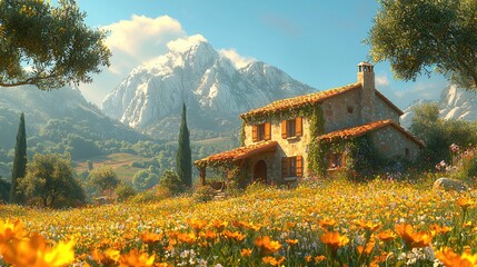 Naklejka premium Serene Countryside House Surrounded by Vibrant Flowering Fields