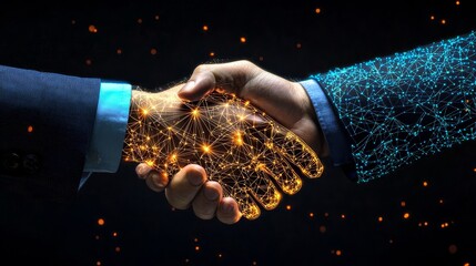 A human and a robot engage in a handshake, highlighting the connection between technology and humanity.
