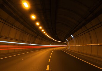 Interior view of a tunnel with lights and blurry car lights on the road at night time scene view
