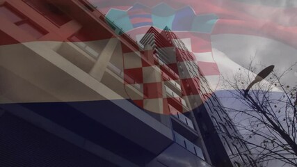 Croatian flag animation overlaying modern buildings against cloudy urban sky - Powered by Adobe