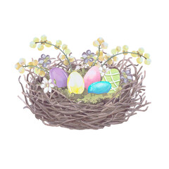 Easter eggs in a wicker nest watercolor illustration isolated on white. The nest with bows, spring flowers and mimosa twigs hand drawn in pastel colors for Easter cards, packaging and festive decor