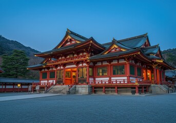 Fototapeta premium A traditional japanese building with red and white accents under a twilight sky landscape view