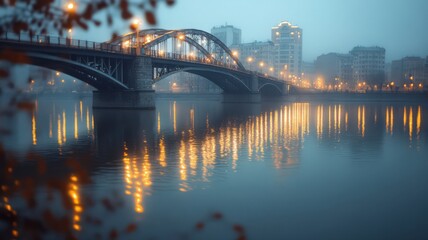 Naklejka premium City Bridge at Twilight, Metal Structure Over Calm Foggy River with Warm Light Reflections