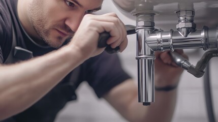 A plumber tightening pipes under a sink. Featuring expertise and efficiency