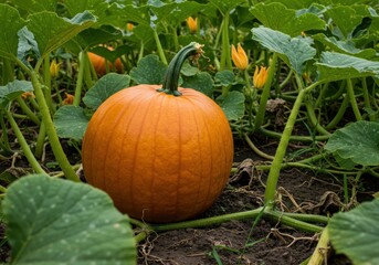 Close up of a pumpkin in a field surrounded by green leaves and yellow flowers on a sunny day