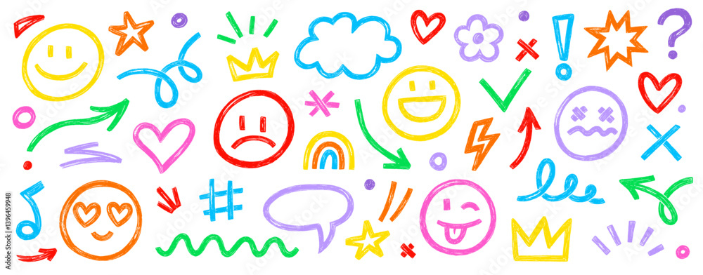 Poster smile brush hand drawn vector element set. emoji fun face, heart, crown symbol crayon texture marker