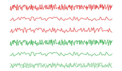 Set of six zig zags red and green lines n transparent background - original illustration in png with beautiful visible uneven brush path - amazing ink marks details in close up!