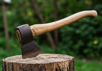 An axe with a wooden handle stuck into a tree stump with a blurred green background in the outdoors