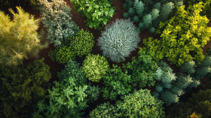 An aerial view of a lush herb garden with fresh mint, basil, and rosemary, arranged in neat rows with soft natural light illuminating the scene
