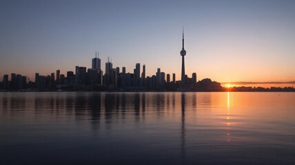 Naklejka premium City Skyline Sunset Reflection in Calm Water