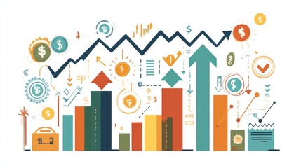 Fototapeta premium Abstract arrows moving upward with currency icons and digital interfaces showing growth