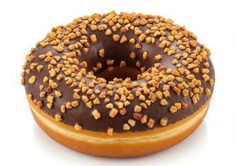 A delicious donut with chocolate frosting and nut sprinkles on a white background for a sweet treat