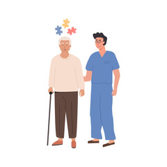 Elderly man with cognitive decline and memory impairment supported by a male nurse. Alzheimer disease and dementia symptoms. Senior healthcare and caregiving. Vector illustration on white background.