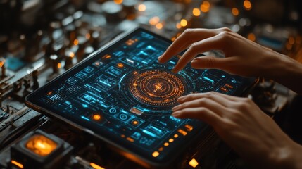 Obraz premium Futuristic Tablet Interface: A Close-Up of Hands Interacting with a High-Tech Display