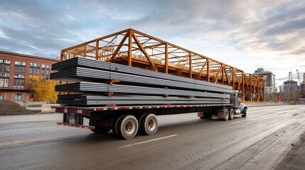 Urban Construction Site Flatbed Truck Transporting Steel Beams - Dynamic Industrial Perspective