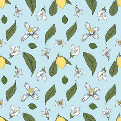 Fototapeta premium Lemon Blossom Seamless Pattern with fruits, blossoms, and leaves