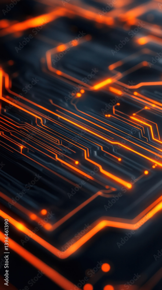 Poster the image is a close up of a circuit board with orange lines. the orange lines are arranged in a way