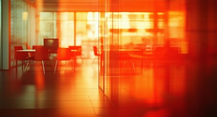 Blurred office space, orange lighting with a glass panel in the foreground.