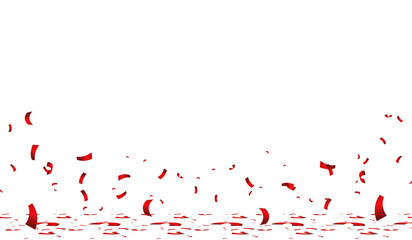 Bright red glitter confetti, ribbons falling on a white background. Festive serpentine decorations scattered on the floor, perfect for New Year, birthdays or Valentines Day celebrations.