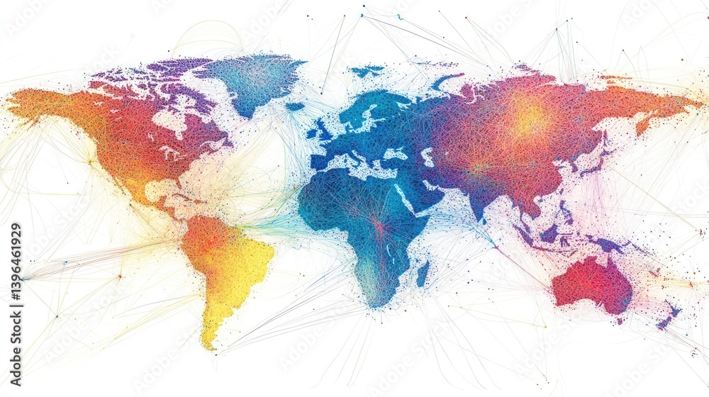 Poster abstract map of the world created from dots and lines emphasizing digital globalization