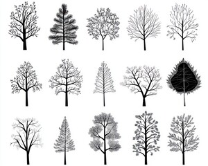 Obraz premium Winter trees silhouettes, various species, white background, design element