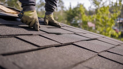 A roofer installing shingles on a roof. Featuring care and skill