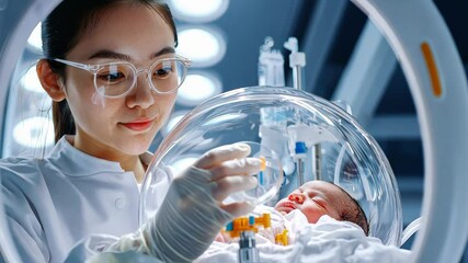 Female Doctor Carefully Attending to Newborn Infant in Incubator
