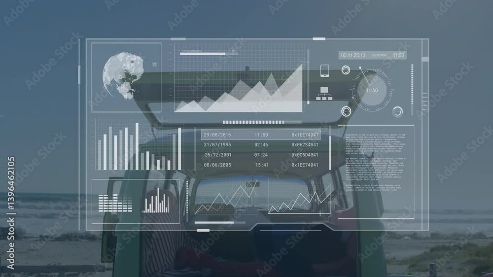 Poster Animation of data analytics interface with graphs and charts over beach scene