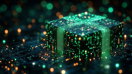 Futuristic neon gift box glows with tech circuit patterns on a black background, symbolizing high-tech shopping, innovation, and modern holiday sales like Cyber Monday and Black Friday.

