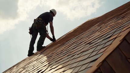 A roofer laying down shingles on a sloped roof. Featuring skill and precision