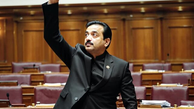 Speaker in a suit raising hand in legislative chamber filled with empty seats ready to propose new law during parliamentary session
