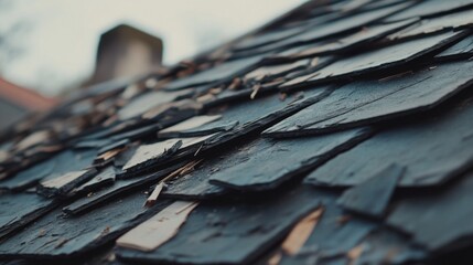 A roofer repairing damaged shingles on a rooftop. Featuring care and safety