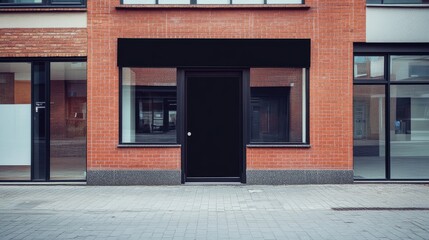 Naklejka premium Blank black metal storefront sign on red brick building, evoking industrial modern business vibe