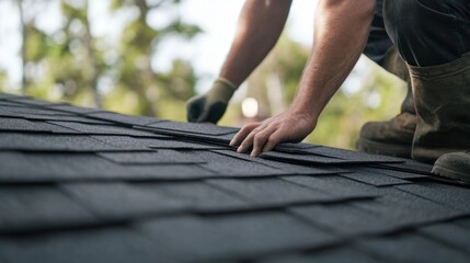 A roofer securing shingles on a sloped roof. Featuring skill and precision