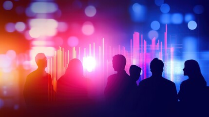 Silhouetted figures against vibrant abstract background with colorful lights and sound waves