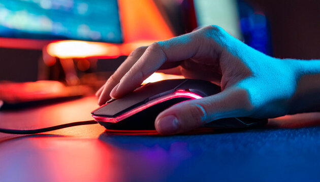 hand with mouse with red and blue light computer gaming background concept